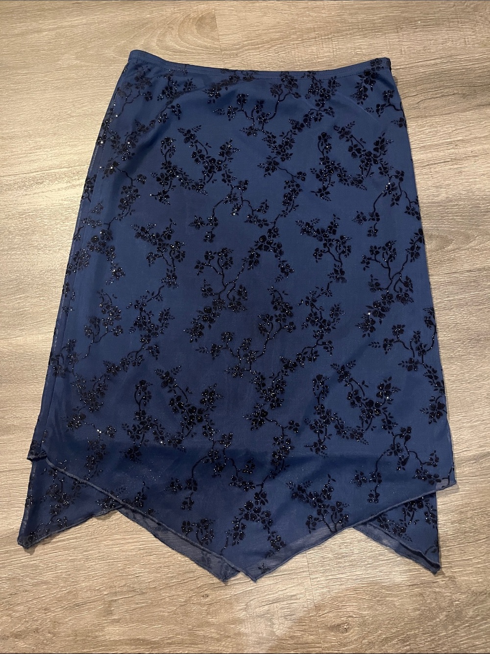 Amy Byer Navy Blue Floral Asymmetrical Handkerchief Hem Skirt